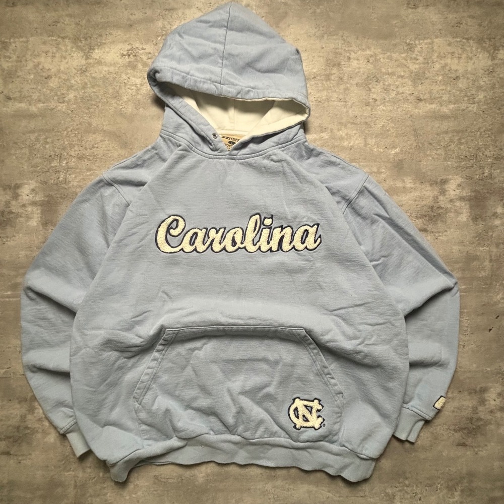 Russell Athletic Hoodie Large Blue Vintage UNC Carolina Chenille Patch Pullover